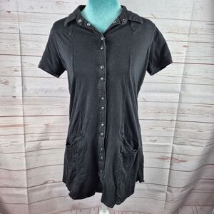 Vintage Unionbay Womens Y2K Size Large Black Tunic Top Snap Up Pockets Grunge